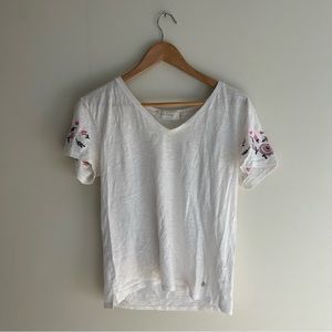 White V-Neck Tee with Floral Embroidery size S/M